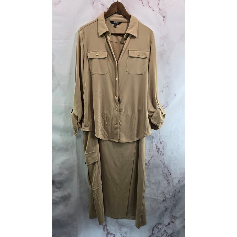 LRL Ralph Lauren Skirt Set Womens XL 2X Tan Beige Button Up Outfit Two Piece